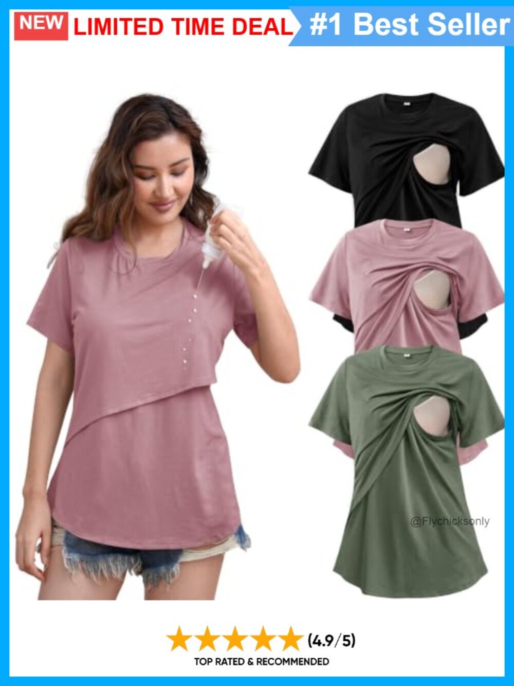 Nursing Tops 3 Pack Breastfeeding Maternity Tee Cap Sleeve Round Neck
